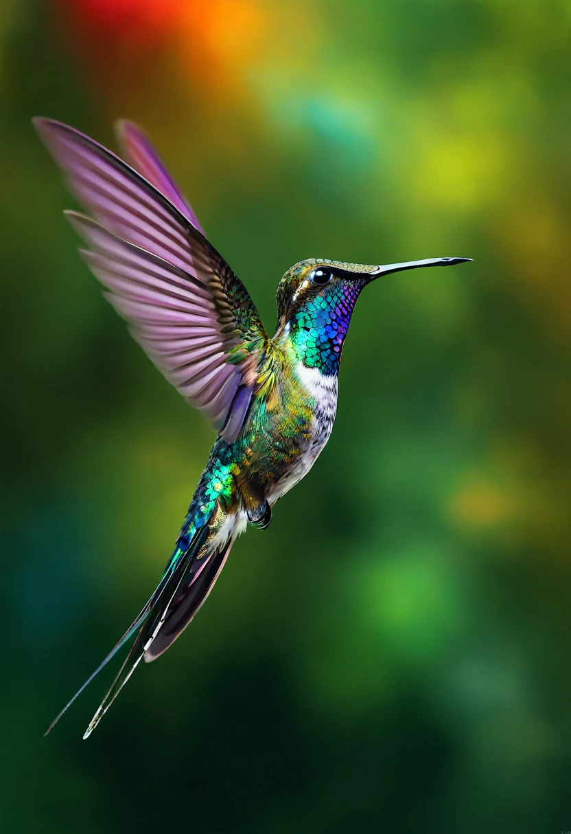A fifty-year-old spreading his wings and flying in the sky, a digital rendering by Niko Henrichon, pexels contest winner, Fine art, Hummingbirds, Hummingbird, Iridescent Feathers, Rare bird in the jungle, Very colorful, Floating in the air, Long colorful bird, In flight, Beautiful Nature, Multicolored birds, Vivid and vibrant