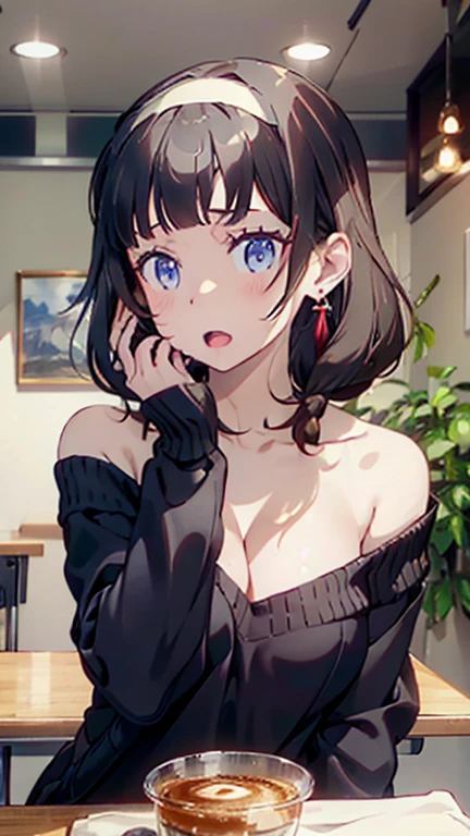 (perky chest:1.2), (pointed chest:1.2),(((Black Tunic:1.3))),(((cakes and bread in the basket),Cute and beautiful girl,Cute round face,Cute smile,with blush cheeks,Red Lip,solo, looking at viewer, open mouth, have a cute grass of cute beergrass,black hair, dark green eyes, dress, bare shoulders, jewelry, collarbone, sidelocks, hairband, earrings, indoors, off shoulder, sweater, arms behind back, plant, short hair with long locks, gild hairband, off-shoulder dress, sweater dress, off-shoulder sweater, black sweater, dark gord hair, big side hair, very long side hair,is rendered in (masterpiece: 1.2, best quality), with (ultra high resolution) and an exquisite (depth of field),(Bangs are see-through bangs),hair pin,hair adornments,detailed clothes features,Detailed hair features,detailed facial features,(Dynamic angles),(Dynamic and sexy poses),Cinematic Light,(masutepiece,top-quality,Ultra-high resolution) ,(The 8k quality,Anatomically accurate facial structure,),(Sea Art 2 Mode:1.3),(Image Mode Ultra HD) ,(Hold a coffee in your hand:1.3),delicate beautiful face, Bright blue eyes, cute eyes, sparkling eyes, Big eyes, (perky chest:1.1), (pointed chest:1.3), looking at viewer,
