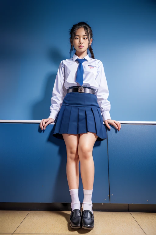 (realistic:1.2),from the front,(View from below:1.4),
18 yo,(shy)Thai, ponytail, white collar shirt, long-sleeved shirt,bark blue necktie, pleated skirt, dark blue long skirt,  black belt, white socks, black loafers,  Thighs look good, 
Standing position,  open leg, (thigh:1.4),(look away:1.4),(classroom background) ,
Mix 4,