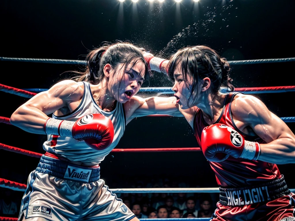 (highest quality、4K、High resolution、masterpiece:1.2)、Super detailed、Real、boxing match、Distorting face、Sweat and mouthpiece splashing、corner、On the verge of collapse