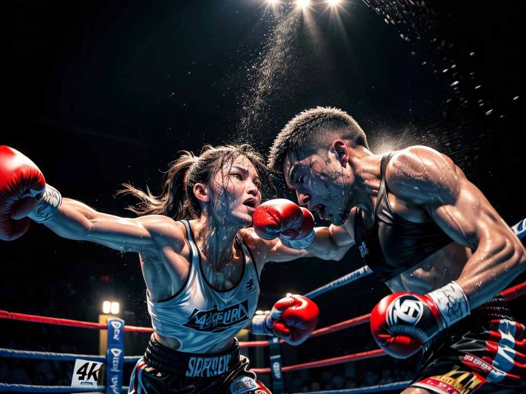 (highest quality、4K、High resolution、masterpiece:1.2)、Super detailed、Real、boxing match、Distorting face、Sweat and mouthpiece splashing、corner、On the verge of collapse