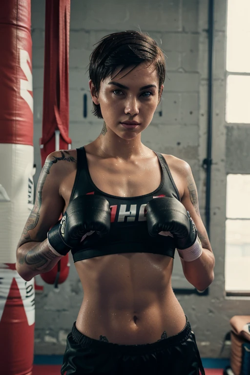 slim short haired tattooed girl in boxing gear boxing shorts boxing gloves hung over shoulder wet sports bra sweaty leaning forward toward viewer cleavage eye contact teasing