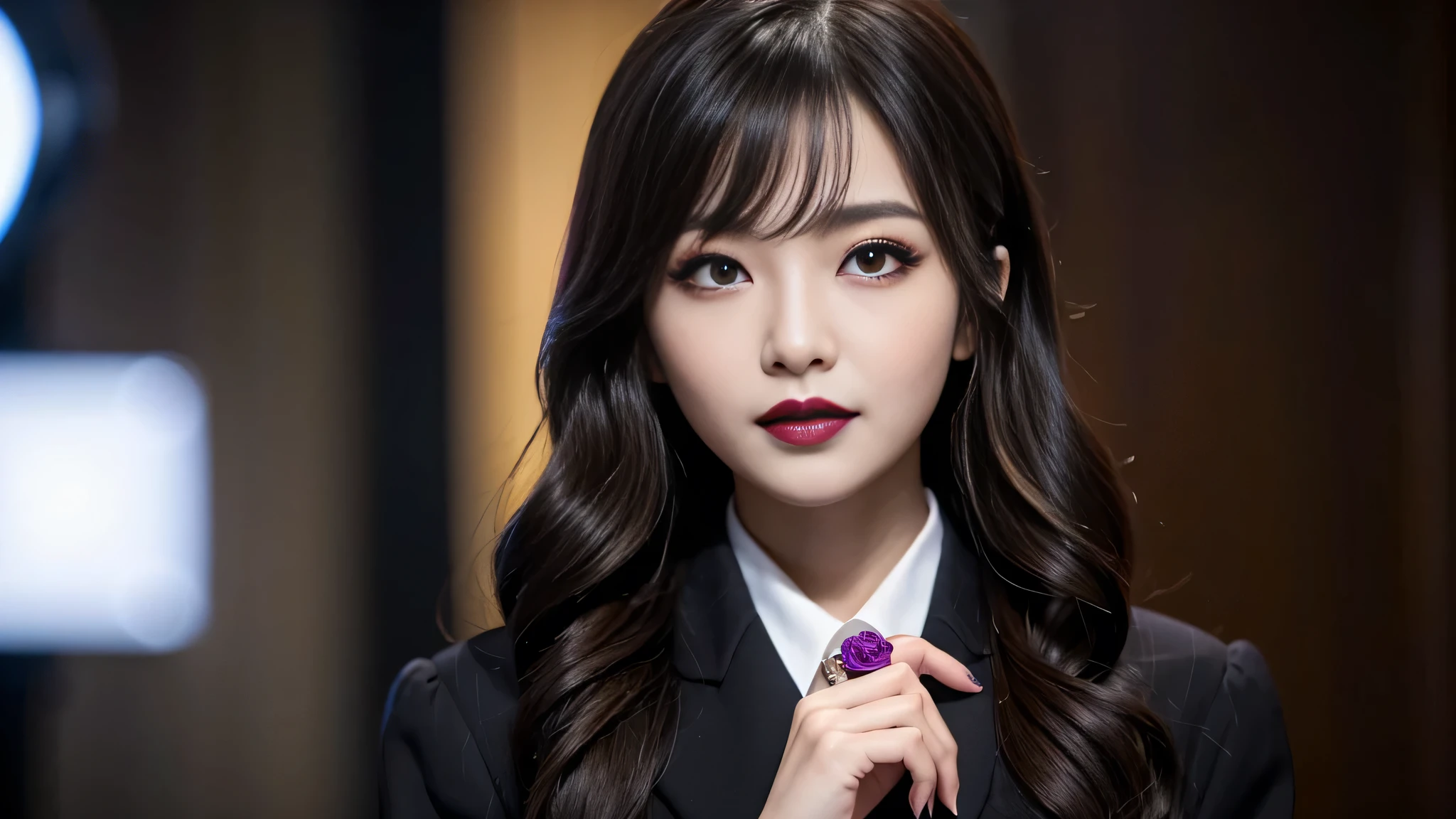 best quality、ultra-detailed、4k、Japanese、Seductive beauty、seductive adult woman、Pretty Woman、cool girl、Villainess、Brainwashed、brainwash、Fallen into evil、smirk、Evil look、Wicked Smile、evil、Brown hair、wavy hair、swept bangs、dark makeup、dark makeup、piercing eyes、hollow eyes,half-closed eyes、Hollow Eyes、purple Eyeshadow、black lipstick、black lipglos、office lady、uniform、suit、Jacket、White blouse、Tight Skirt、night、inside darkroom、Are standing、Beautiful feet、High heels、Having lipstick、Engraving a rose pattern、Emblem of Evil、Crest of Darkness、Swear allegiance、I have pledged my allegiance、Dye black、Blackening、Stained with evil、Dyed in darkness
