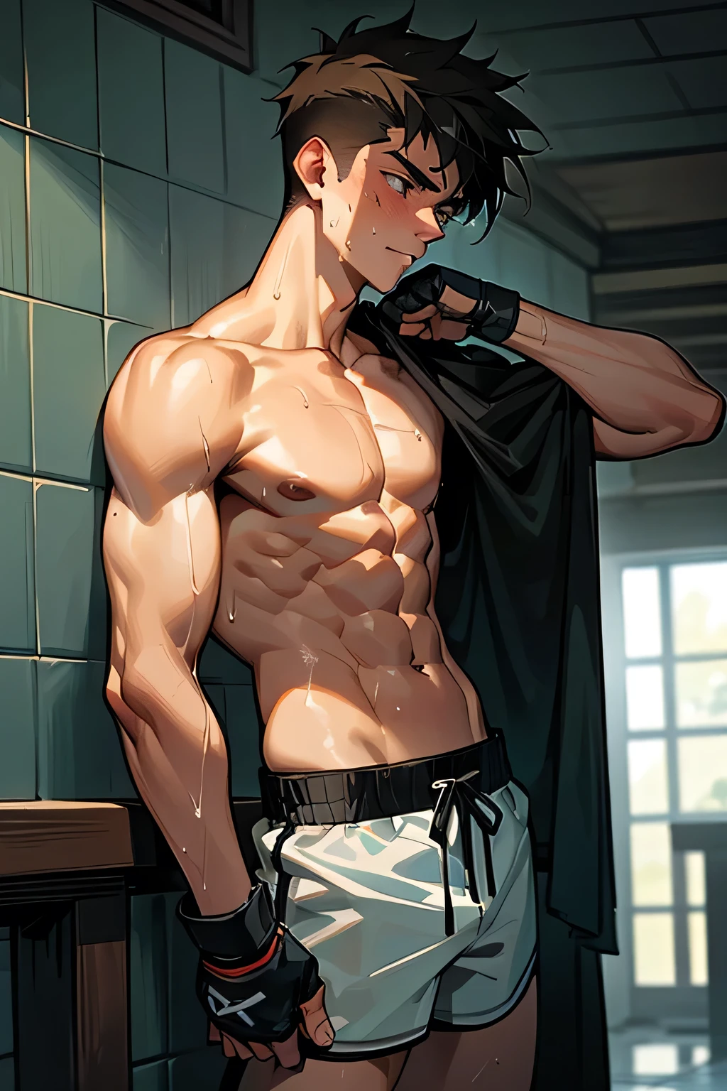 a shirtless exhausted 19-year old handsome caucasian male in faded haircut, mma gloves, fighting shorts, cute, handsome face, six-pack abs, beautiful body, well-defined body, sweating profusely, dripping sweat, drenched with sweat, panting, exhausted, standing in the octagon 