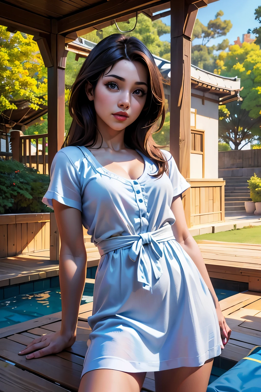 (8k, foto crua, melhor qualidade, obra de arte:1.2), (realista, photo-realista:1.37), professional lighting, photon mapping, radiosidade, Boneca coreana, parque, white summer dress