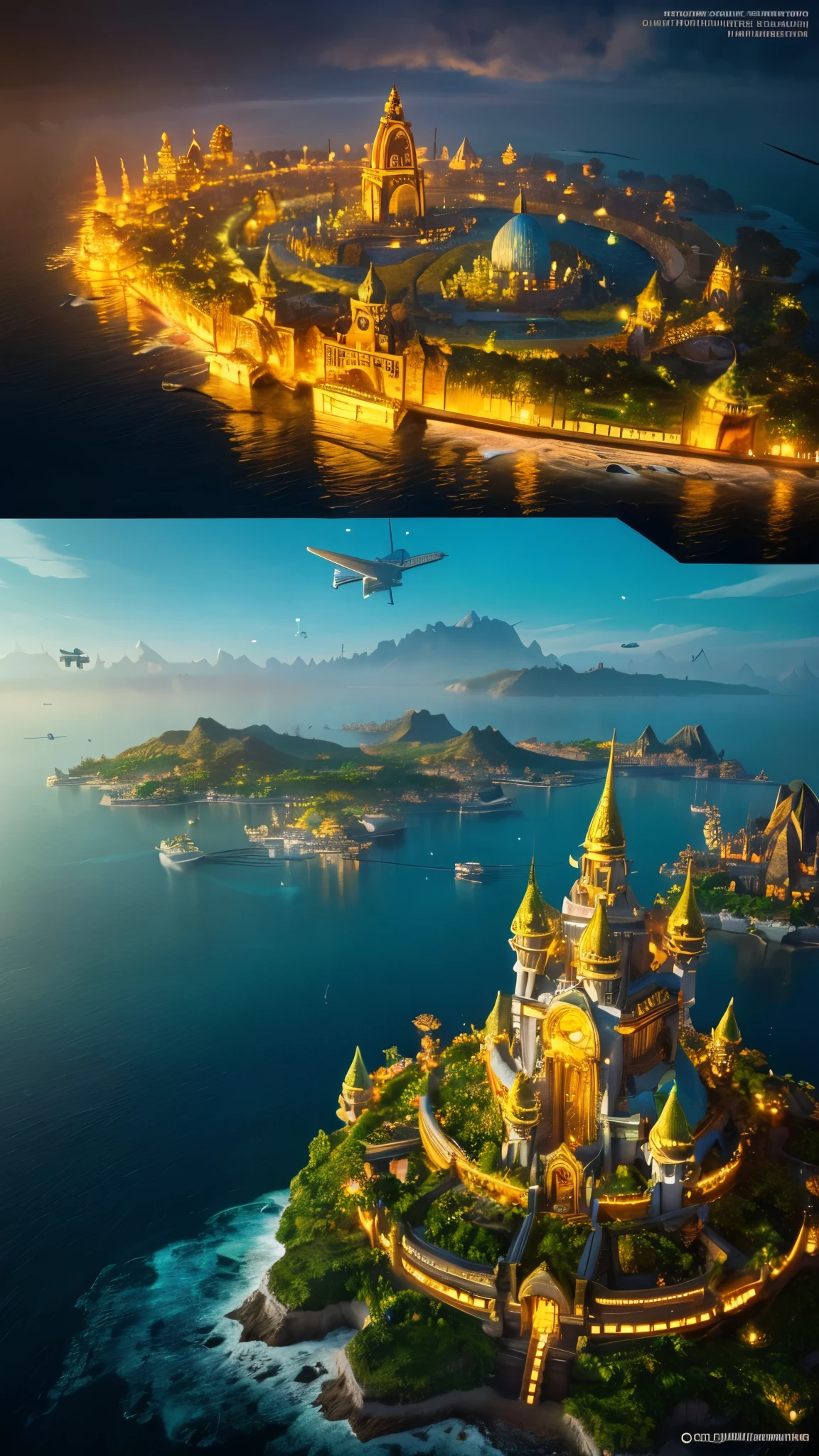 Many islands are floating in the air、A small airship is flying around。, City, Fantasy, A magical plant grows, Extreme Detail, Realistic Light, A magnificent composition, (Intricate details), (Intricate Design, Super detailed :1.2), Art Station, (masterpiece, highest quality), Ultra HD, 32k --v6