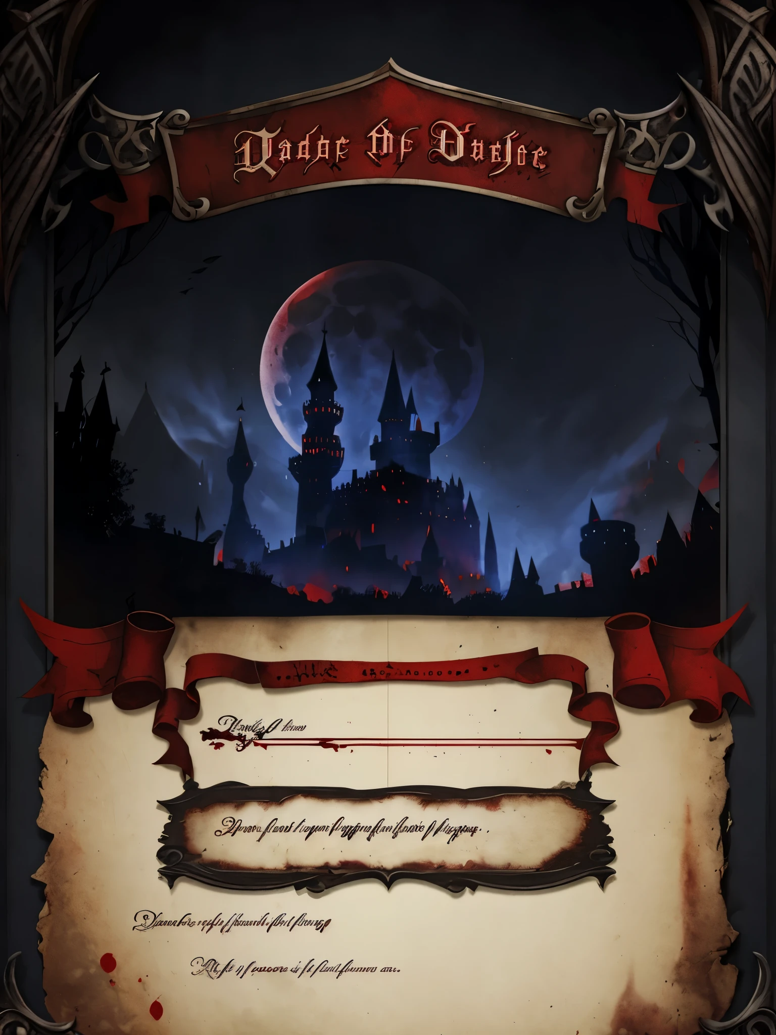 graphic design，dark red、Dark blue main color，Dark medieval style，Magic Age，Parchment scroll old style，Blood stains texture，In the center of the picture is a dark castle，There is a bloody title above the screen: &quot;Full Moon Night&quot;，The back of the card，Theme UI design，HD，4K。