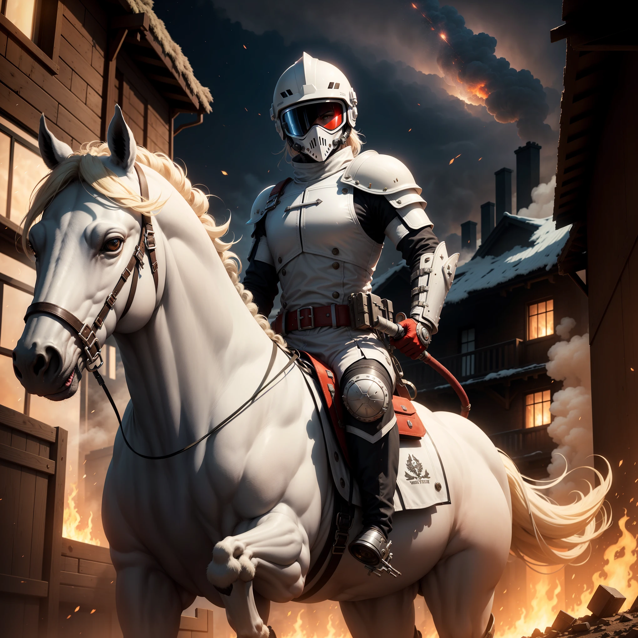 Future Tech Warrior,White Armor,white helmet,horse riding,City background,Red sky,sunshine,flame,Fire,The house is on fire,Armed with a water gun,Masked,Textured Helmet,Punk,City Streets,Running horses,modern city