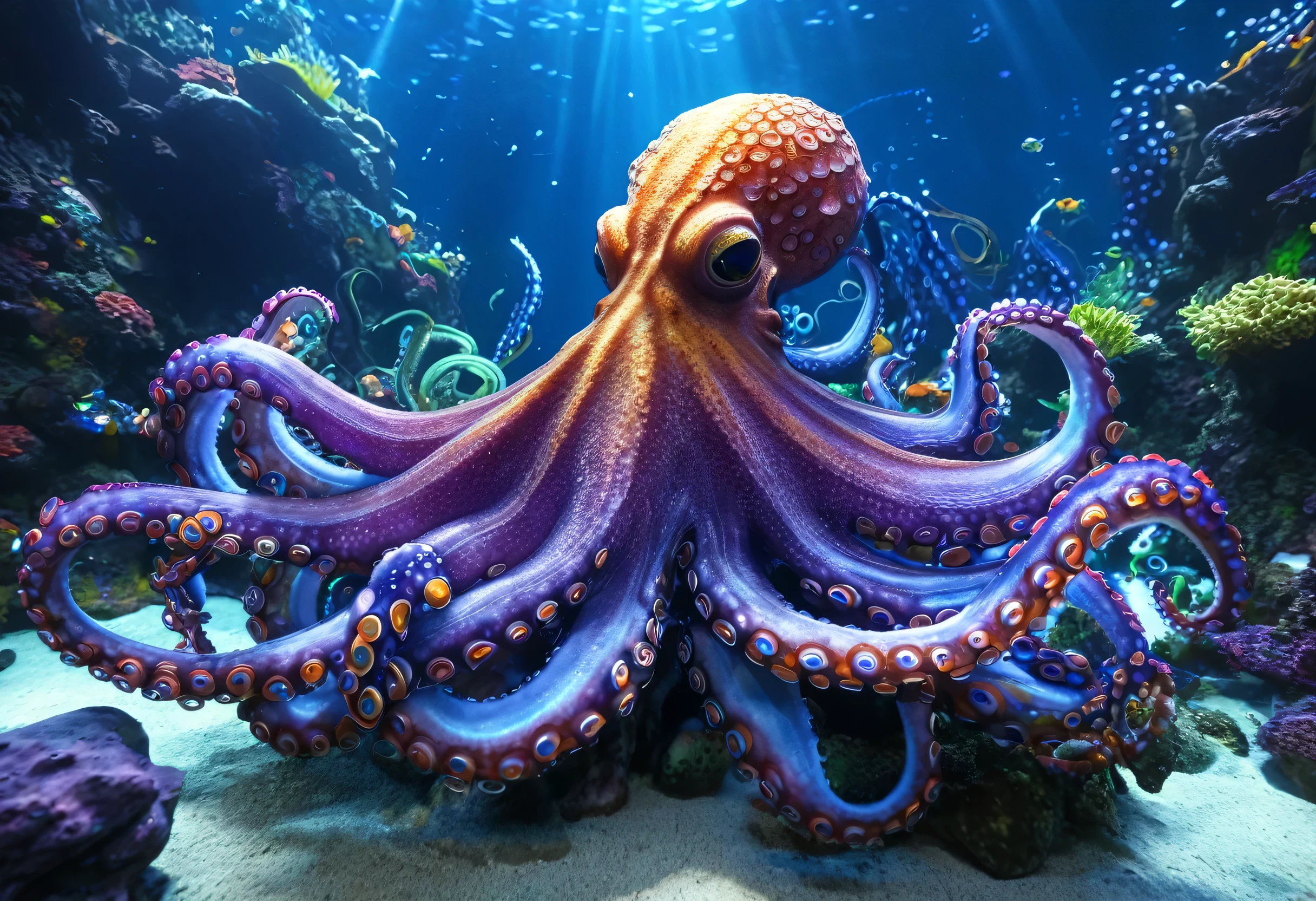octopus in an aquarium with a lot of colorful rocks and water, super nova octopus, vivid Tentacles, anthropomorphic octopus, Tentacles Creature Mix, octopus, cyborg octopus, octopus Tentacles, Tentacles, many Tentacles, sea creature, 8k high quality detailed art, robotic octopus, Tentacles around, Cephalopods, an octopus'garden