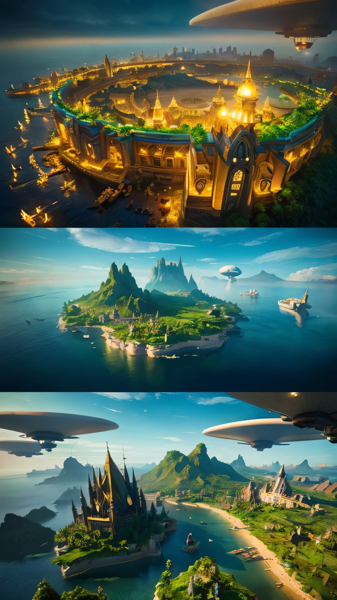 Many islands are floating in the air、A small airship is flying around。, City, Fantasy, A magical plant grows, Extreme Detail, Realistic Light, A magnificent composition, (Intricate details), (Intricate Design, Super detailed :1.2), Art Station, (masterpiece, highest quality), Ultra HD, 32k --v6