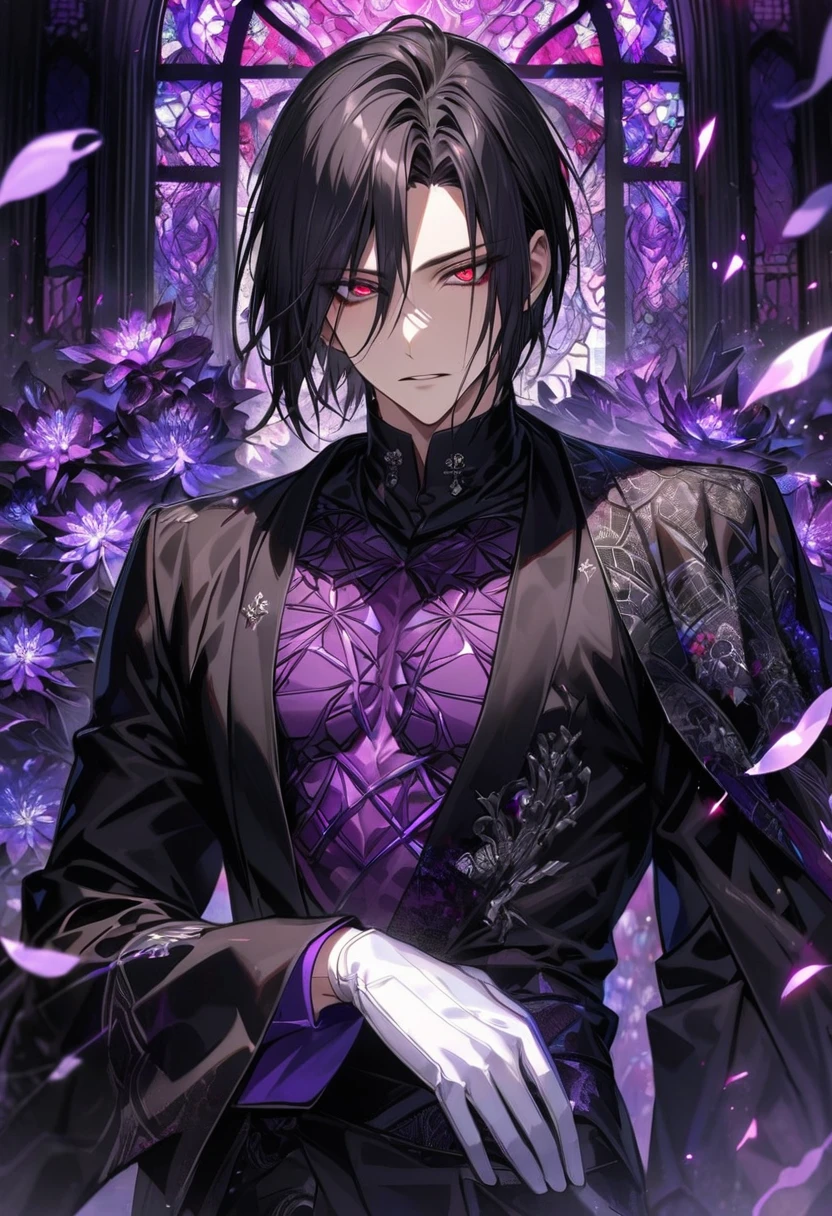 Ultra detailed, HDR, Highres, absurdres, master piece, Sebastian Michaelis, black hair, expressive red eyes, Kuroshitsuji, patterns, black tight shirt, purple stained glass, purple ice, petals, purple ice flowers, sexy man, solo, extremely detailed face and eyes, extremely handsome, glittering, toned chest, glittering eyes, white gloves,