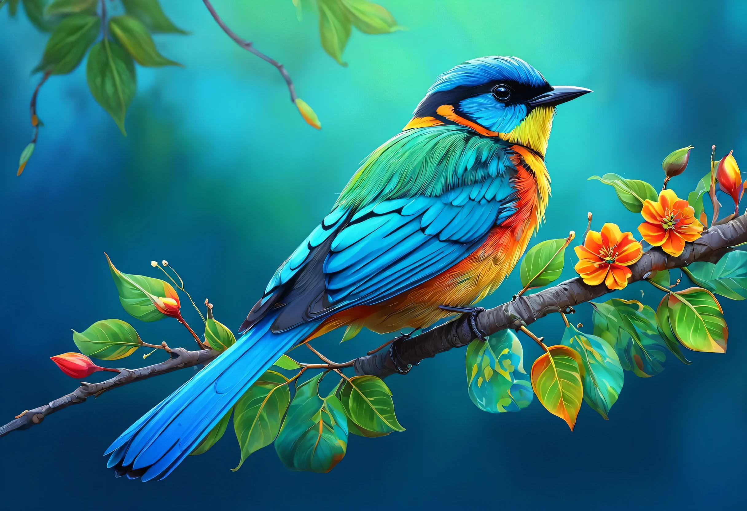 A brightly colored bird perched on a branch with lots of leaves and flowers, Background is blue,Right facing,a digital painting by Alexander Kucharsky, Trend with poly count, Fantasy art, Highly detailed digital art in 4K, Beautiful digital painting, Highly detailed digital painting, Colorful 8 k, Long colorful bird, Detailed painting 4k, Beautiful digital artwork, Highly detailed digital painting, Beautiful digital art
