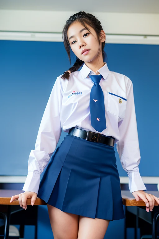 (realistic:1.2),from the front,(View from below:1.4),
18 yo,(shy)Thai, ponytail, plain white collar shirt, long-sleeved shirt,bark blue necktie, pleated skirt, dark blue long skirt,  black belt, white socks, black loafers,  Thighs look good, 
Standing position,  open leg, (thigh:1.4),(look away:1.4),(classroom background) ,
Mix 4,