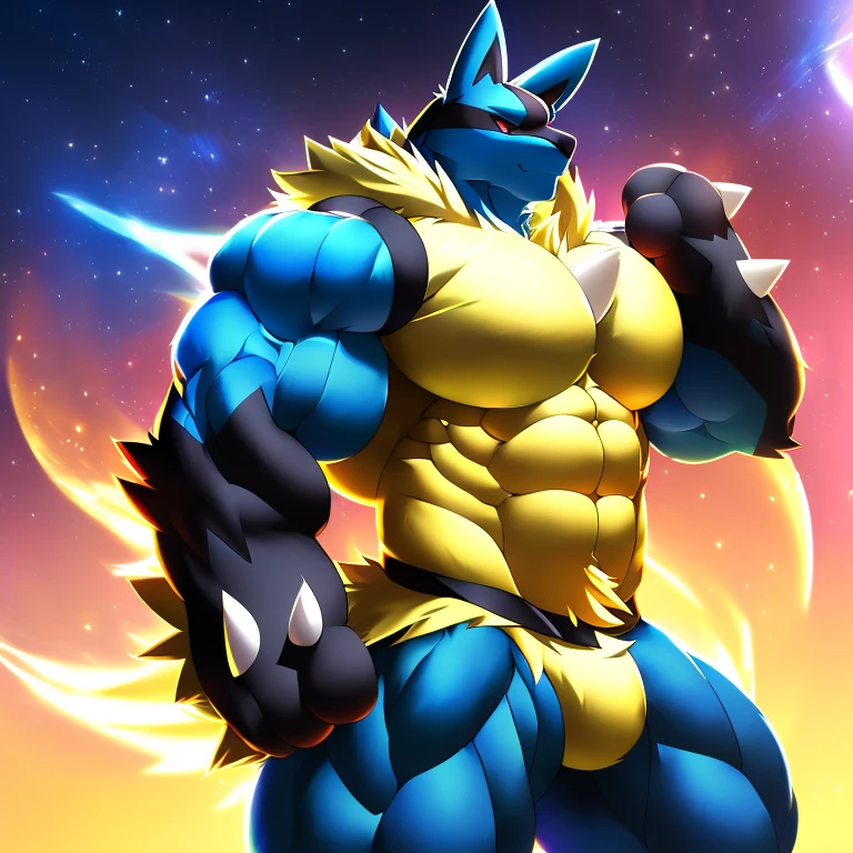 (masterpiece, best quality, detailed:1.2)
detailed full body, (masterpiece, best quality, detailed:1.2) (Pokémon) LUCARIO, detailed full body, 
wears full body armor. huge pecs, chiseled abs, huge pectorals, exaggeratedly huge muscles. wearing a cloak. unusually developed muscular body big muscle, pecs, triceps, traps, waist narrow, unusually developed muscular body, He wears a black cloak on his back.
The cloak is so long that it touches the ground,