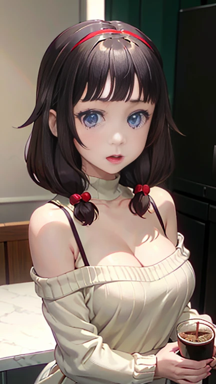 masterpiece, yor, 1girl, Amazing Cleavage:1.3, thin waist, big ass, Raised sexy, medium breast: 1.8 posed cleavage:1.2、solo, looking at viewer, open mouth, have a cup of coffee,black hair, red eyes, dress, bare shoulders, jewelry, collarbone, sidelocks, hairband, earrings, indoors, off shoulder, :o, sweater, arms behind back, plant, short hair with long locks, white hairband, off-shoulder dress, sweater dress, off-shoulder sweater, red sweater, big side hair, very long side hair,is rendered in (masterpiece: 1.2, best quality), with (ultra high resolution) and an exquisite (depth of field). This masterpiece is not only visually stunning but also tells, teach of cooking ,in the kitchen