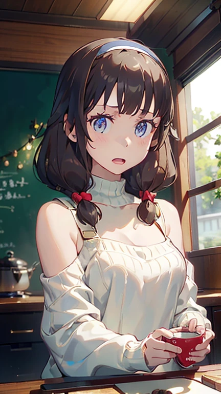 masterpiece, yor, 1girl, Amazing Cleavage:1.3, thin waist, big ass, Raised sexy, medium breast: 1.8 posed cleavage:1.2、solo, looking at viewer, open mouth, have a cup of coffee,black hair, red eyes, dress, bare shoulders, jewelry, collarbone, sidelocks, hairband, earrings, indoors, off shoulder, :o, sweater, arms behind back, plant, short hair with long locks, white hairband, off-shoulder dress, sweater dress, off-shoulder sweater, red sweater, big side hair, very long side hair,is rendered in (masterpiece: 1.2, best quality), with (ultra high resolution) and an exquisite (depth of field). This masterpiece is not only visually stunning but also tells, teach of cooking ,in the kitchen