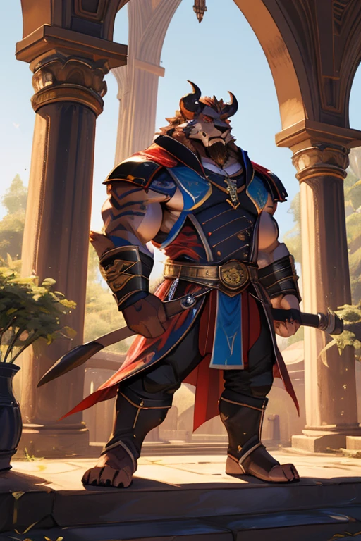 A photorealistic image of the Beast from the movie Beauty and the Beast, super muscular giant, with muscular arms, broad shoulders, giant and toned physique, bursting muscular veins, blue eyes, tail, super furry brown fur, backward facing horns, with veins jumping, barefoot, in the garden of his castle, lifting a weight bar