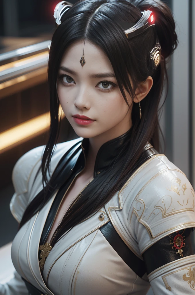 Game art,The best picture quality,Highest resolution,8K,(A bust photograph),(Portrait),(Head close-up:1.5),(Rule of thirds),Unreal Engine 5 rendering works, (The Girl of the Future),(Female Warrior), 22-year-old girl,(Female hackers),(White and red gradient,Ancient Oriental hairstyle),((The pupils of the red eyes:1.3)),(A beautiful eye full of detail),(Big breasts),(Eye shadow),Elegant and charming,indifferent,((Anger)),(Cyberpunk jacket full of futuristic look,Joint Armor,There are exquisite Chinese patterns on the clothes,A flash of jewellery),Cyberpunk Characters,Future Style, Photo poses,City background,Movie lights,Ray tracing,Game CG,((3D Unreal Engine)),oc rendering reflection pattern