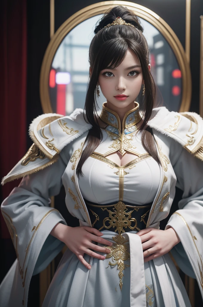 Game art,The best picture quality,Highest resolution,8K,(A bust photograph),(Portrait),(Head close-up:1.5),(Rule of thirds),Unreal Engine 5 rendering works, (The Girl of the Future),(Female Warrior), 22-year-old girl,(Female hackers),(White and red gradient,Ancient Oriental hairstyle),((The pupils of the red eyes:1.3)),(A beautiful eye full of detail),(Big breasts),(Eye shadow),Elegant and charming,indifferent,((Anger)),(Cyberpunk jacket full of futuristic look,Joint Armor,There are exquisite Chinese patterns on the clothes,A flash of jewellery),Cyberpunk Characters,Future Style, Photo poses,City background,Movie lights,Ray tracing,Game CG,((3D Unreal Engine)),oc rendering reflection pattern