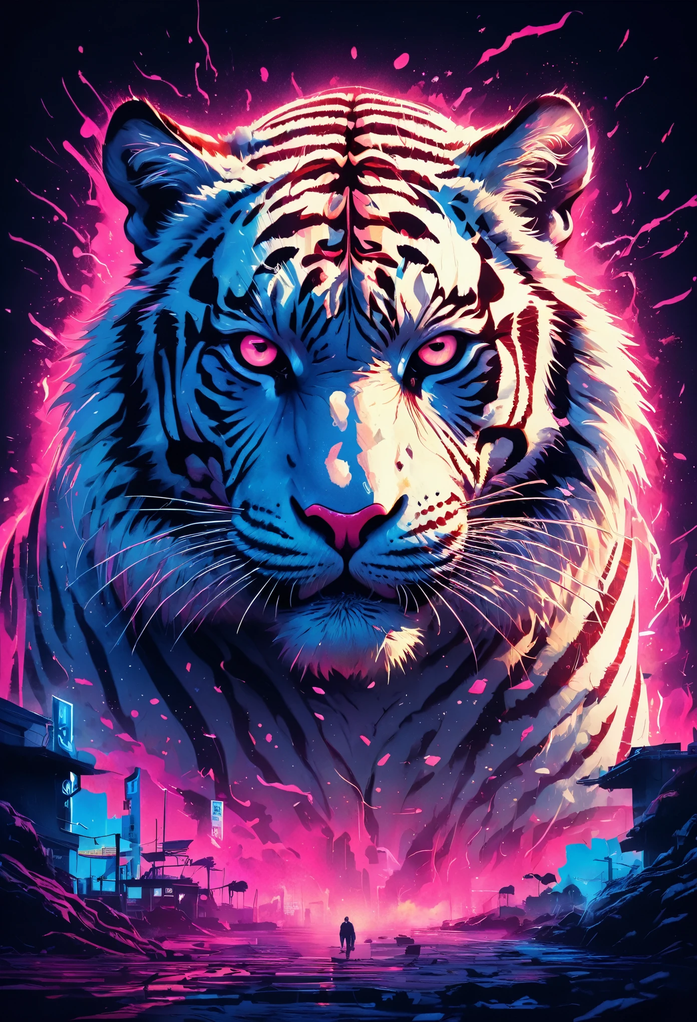 White Tiger, tarantino style film cover, film poster,retro,gritty,grindhouse,cult classic,eccentric characters,dark humor,neon lights,vibrant colors,twisted narrative,plot twists,action-packed,stylized violence,larger-than-life,80s vibe,gritty textures,film grain,hand-drawn,edgy,iconic imagery,catchy tagline,dynamic composition,impressive illustrations,eye-catching design,unique typography,intense atmosphere, Enhance, intricate, (best quality, masterpiece, Representative work, official art, Professional, unity 8k wallpaper:1.3)