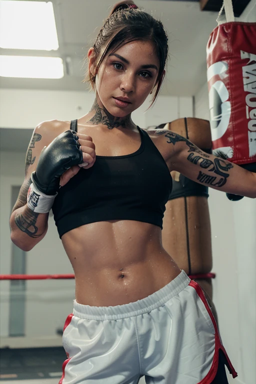 18 years old female boxer, topless, short hair, boxing shorts, boxing pose