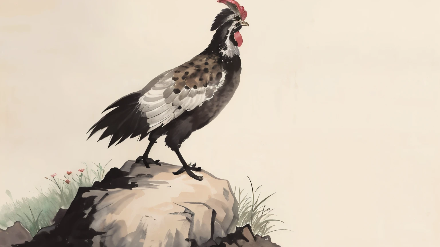 (masterpiece, best quality: 1.2), Traditional Chinese ink painting,,grassland,A rooster standing on a rock