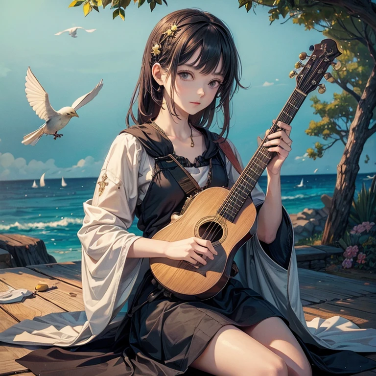 One girl, alone, Bird, lute, playing musical instrument, Baldur&#39;s Gate 3. musical instrument, sing, Official Art, unity 8k wallpaper, Super detailed, beautifully、aesthetic, masterpiece, highest quality, Realistic, Fairy, Glow worms, In the woods of (fire Fly:1.3), Bonfire, Dark Theme,