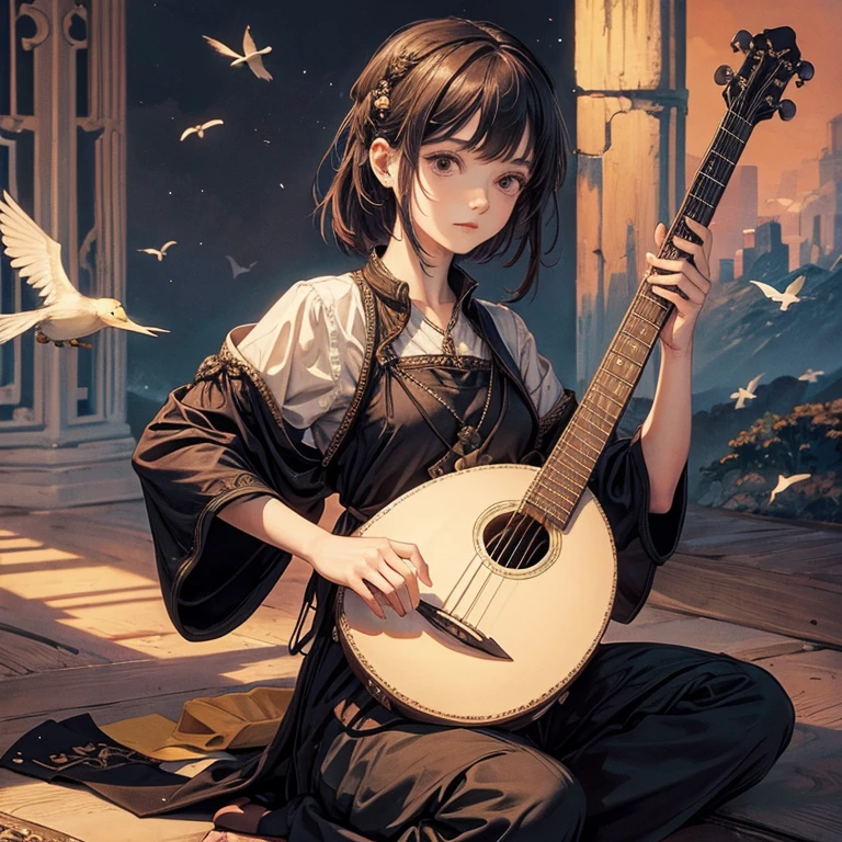 One girl, alone, Bird, lute, playing musical instrument, Baldur&#39;s Gate 3. musical instrument, sing, Official Art, unity 8k wallpaper, Super detailed, beautifully、aesthetic, masterpiece, highest quality, Realistic, Fairy, Glow worms, In the woods of (fire Fly:1.3), Bonfire, Dark Theme,