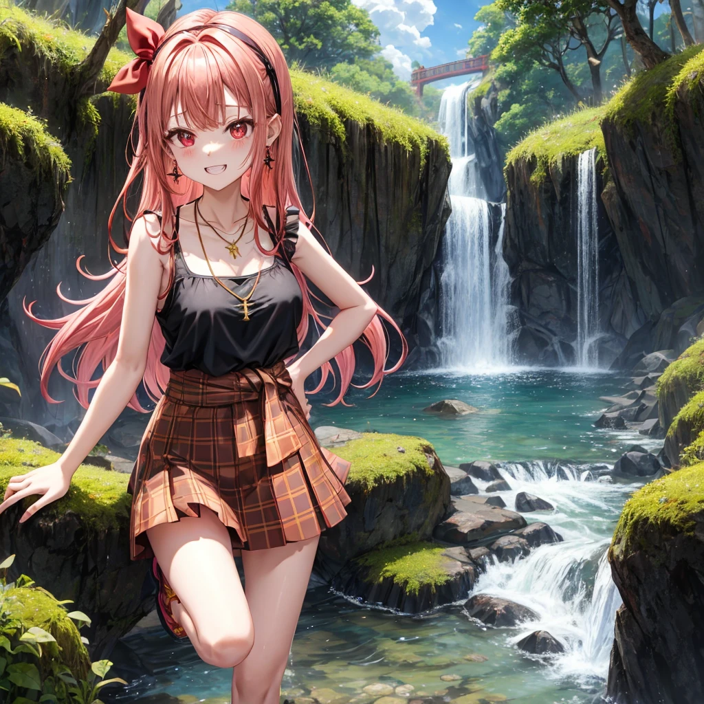 Gold Pink Red Golden Hair、Red eyes、One good looking girl、solo、anime、Checkered mini skirt、Black camisole、Black T-shirt、hoodie、Wearing a ribbon、Ribbon on waist、Crystal Earrings、Gemstone Necklace、Light and shadow、Tilting face、Teeth are visible、waterfall、Torrent、tunnel、pylon、Sunset sky、Towering、frilled lizard、light、flash、Barrel、Wife、loose、moss、isolated island、Hell's Gate、Blue flame