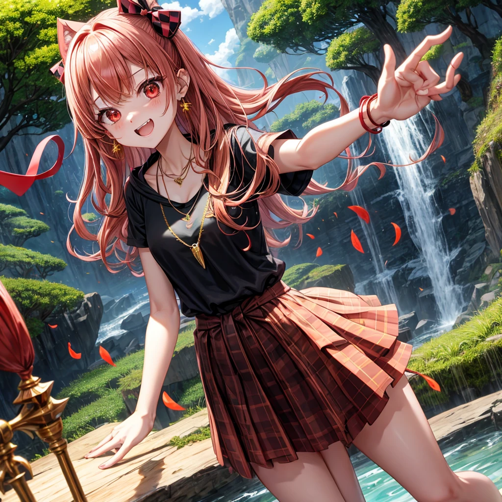 Gold Pink Red Golden Hair、Red eyes、One good looking girl、solo、anime、Checkered mini skirt、Black camisole、Black T-shirt、hoodie、Wearing a ribbon、Ribbon on waist、Crystal Earrings、Gemstone Necklace、Light and shadow、Tilting face、Teeth are visible、waterfall、Torrent、tunnel、pylon、Sunset sky、Towering、frilled lizard、light、flash、Barrel、Wife、loose、moss、isolated island、Hell&#39;s Gate、Blue flame