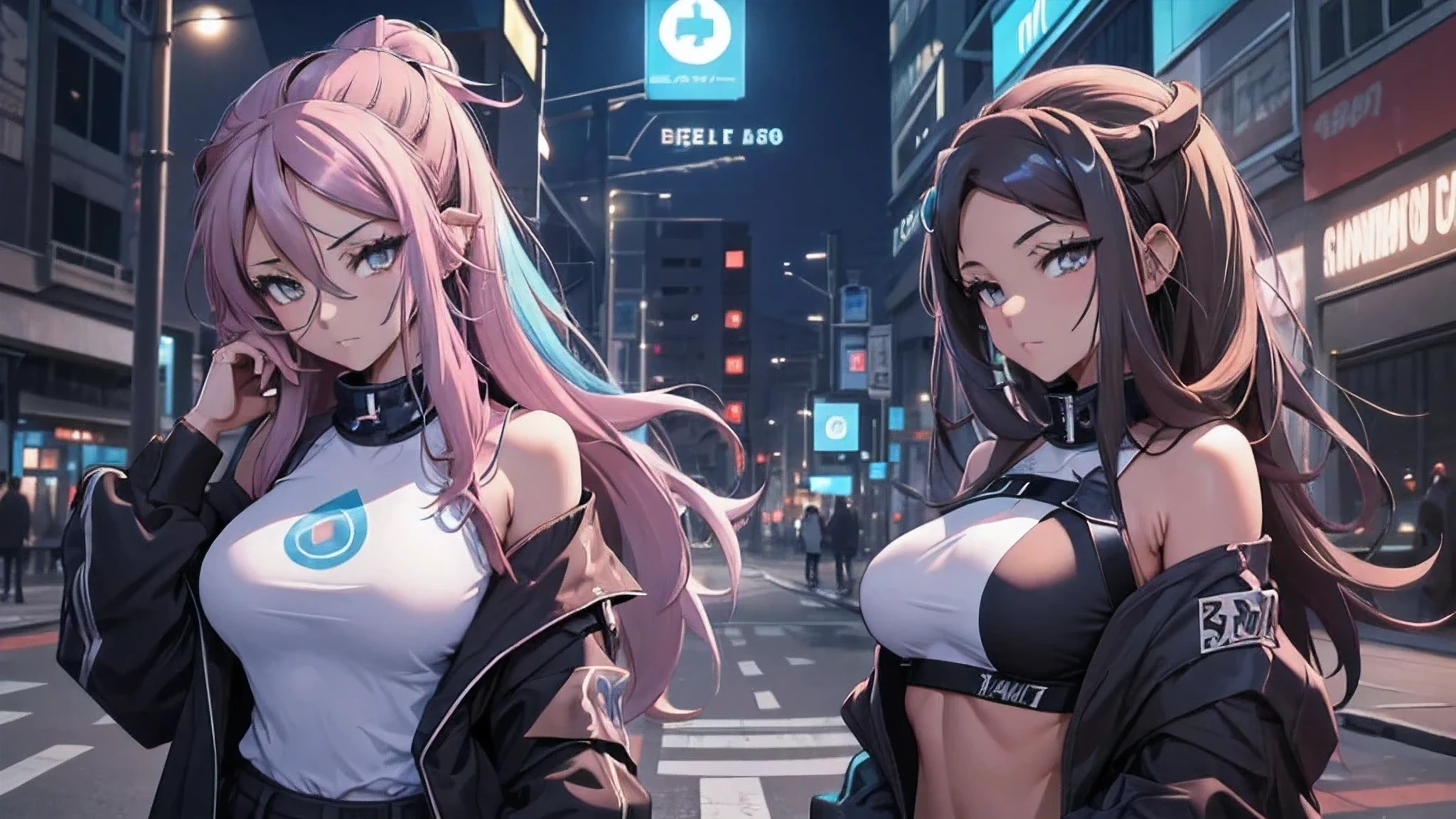 Chicas anime posando en una ciudad por la noche., oppai ciberpunk, anime ciberpunk art, anime ciberpunk, arte del anime ciberpunk, digital arte del anime ciberpunk, ciberpunk digital - arte anime, anime ciberpunk moderno, anime ciberpunk digital!!, mejor fondo de pantalla de anime 4k konachan, chica anime cyberpunk fe******, en la ciudad ciberpunk, tendencia en cgstation, mujeres ciberpunk