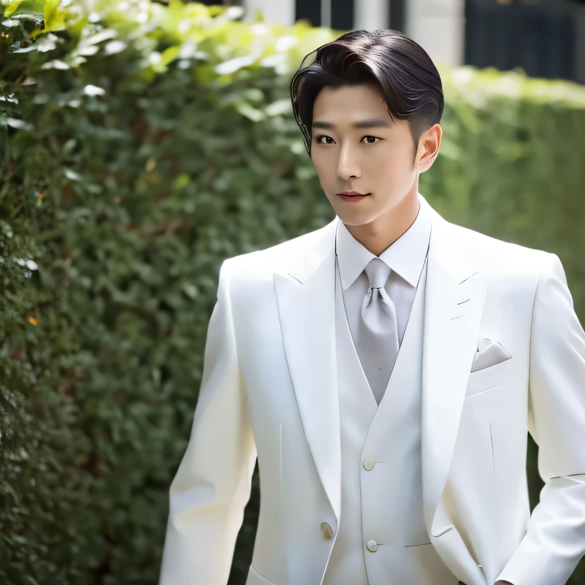 1 man in his 30s in a white suit. 180 cm tall, type B, slim fit, cinematography, gentleman, handsome face, high details, high quality, realistic live-action photography, gentle man in a walking suit. The background behind it is a simple wall of color.