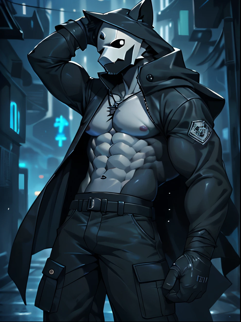 adult content, low-key light, cyberpunk, extremely_detailed, drawing of a puro (changed), (extremely detailed:1.uro, mask, puro_(changed)) very long legs, long arms, very tall, muscular_body, 6 pack abs, male nipples, exposed_chest, black_gloves, black_cloak, large chest, exposed upper body, shirtless, black long cargo pants, large_bulge, bandages, seductive_pose, hands_inside_pocket, serious_face, wide_open_legs, dark and gloomy atmosphere, dramatic light, camera angled lower, night time, neon lights, alleyway, neon lights, midjourney, C7b3rp0nkStyle, VPL, Male focus, yofukashi background., Best quality, masterpiece