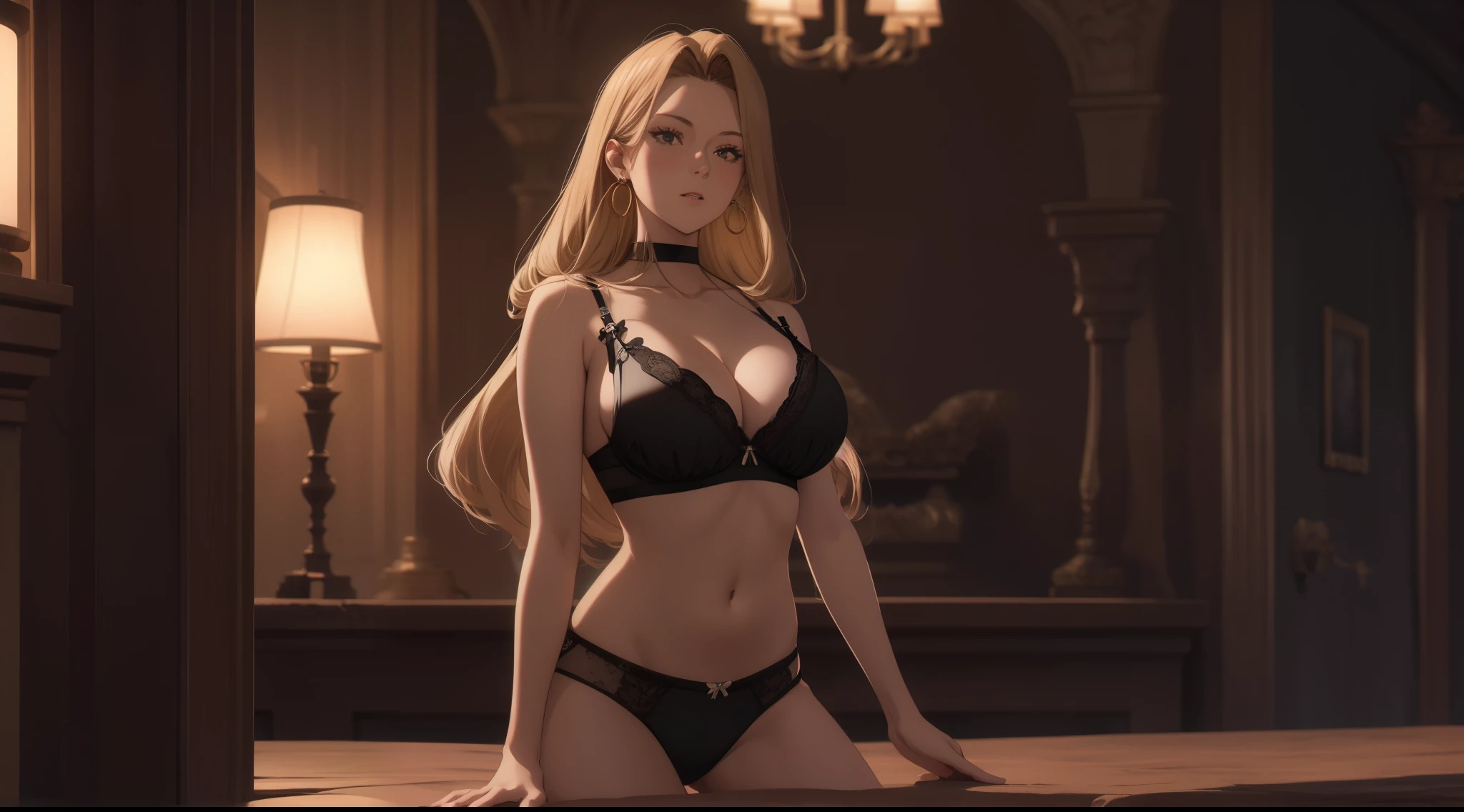 masutepiece, 1womanl, (((Solo))), of the highest quality, Hi-Res, 4K, cleavage, ((Black lingerie)), large breasts, Full body,  earrings, 