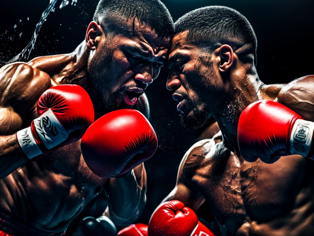 (highest quality、4K、High resolution、masterpiece:1.2)、Super detailed、Real、boxing match、Distorting face、Sweat and mouthpiece splashing、corner、On the verge of collapse,Body Blow