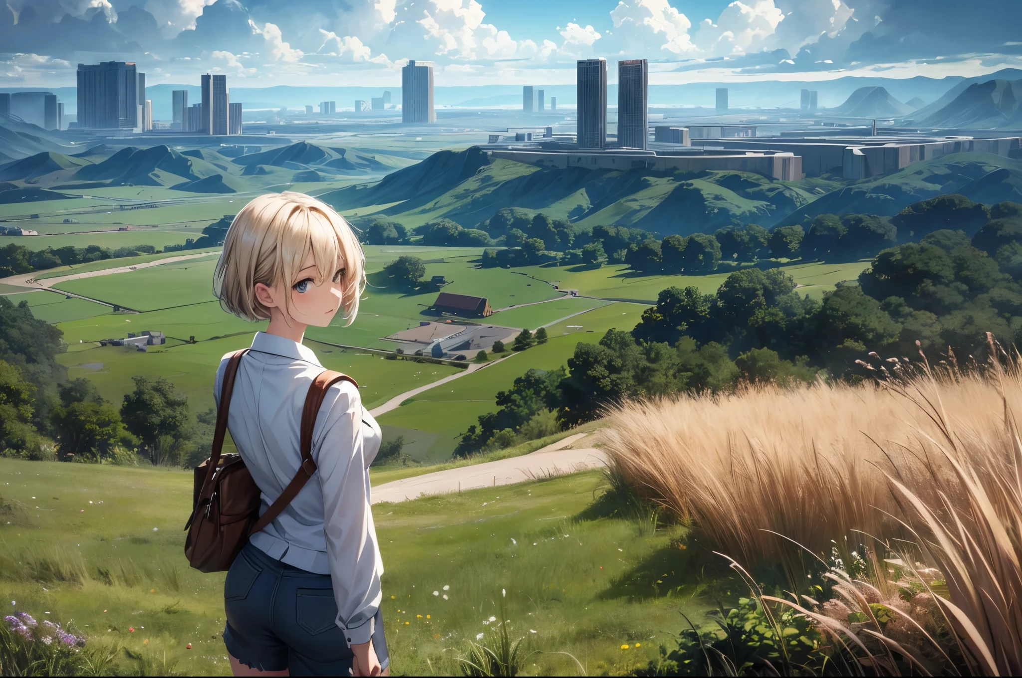 (best quality,4k,8k,highres,masterpiece:1.2),ultra-detailed,realistic,photorealistic:1.37, HDR,UHD,studio lighting,ultra-fine painting,sharp focus,physically-based rendering,extreme detail description,professional,vivid colors,bokeh,girl,lonely,((a scenery that makes me feel uneasy somehow,cloudy sky, giant glass land, ruined, vast grassland)),no one, blond short hair, girl in her twenties