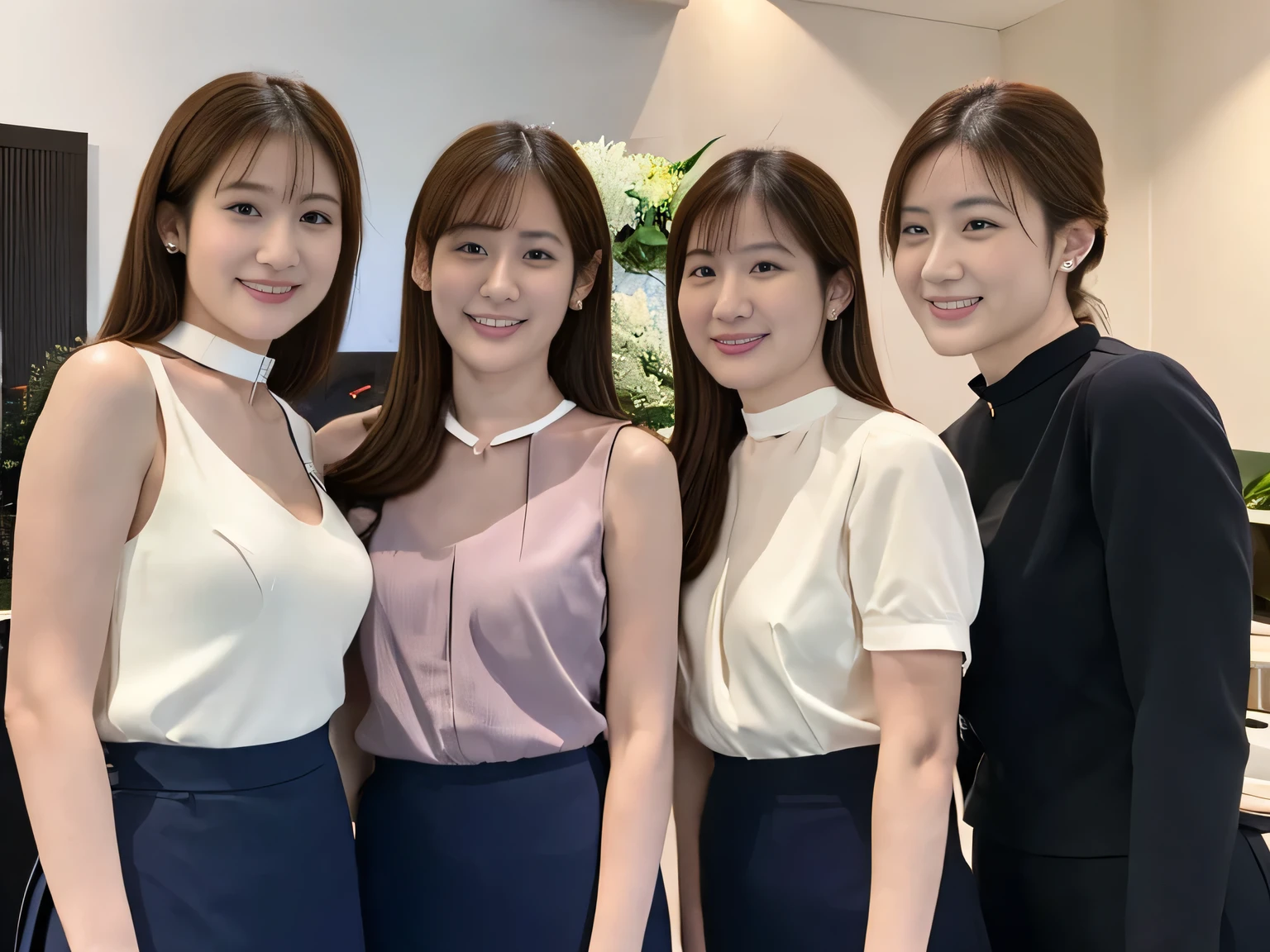 highest quality, masterpiece, Ultra-high resolution, (Realistic:1.4),  ((Group of Japan young business women discussing at meeting, collaborative, Corporate event photography)), girl, 18-year-old, (Firm breasts:1.2),  (Slim face, Narrow waist, Thin legs), Charm, Dynamic Shot, break, ((Black choker:1.3)) , bangs, Blue Eyes, smile, ((Big Breasts, bangs)), Very long eyelashes, business suit, mini skirt