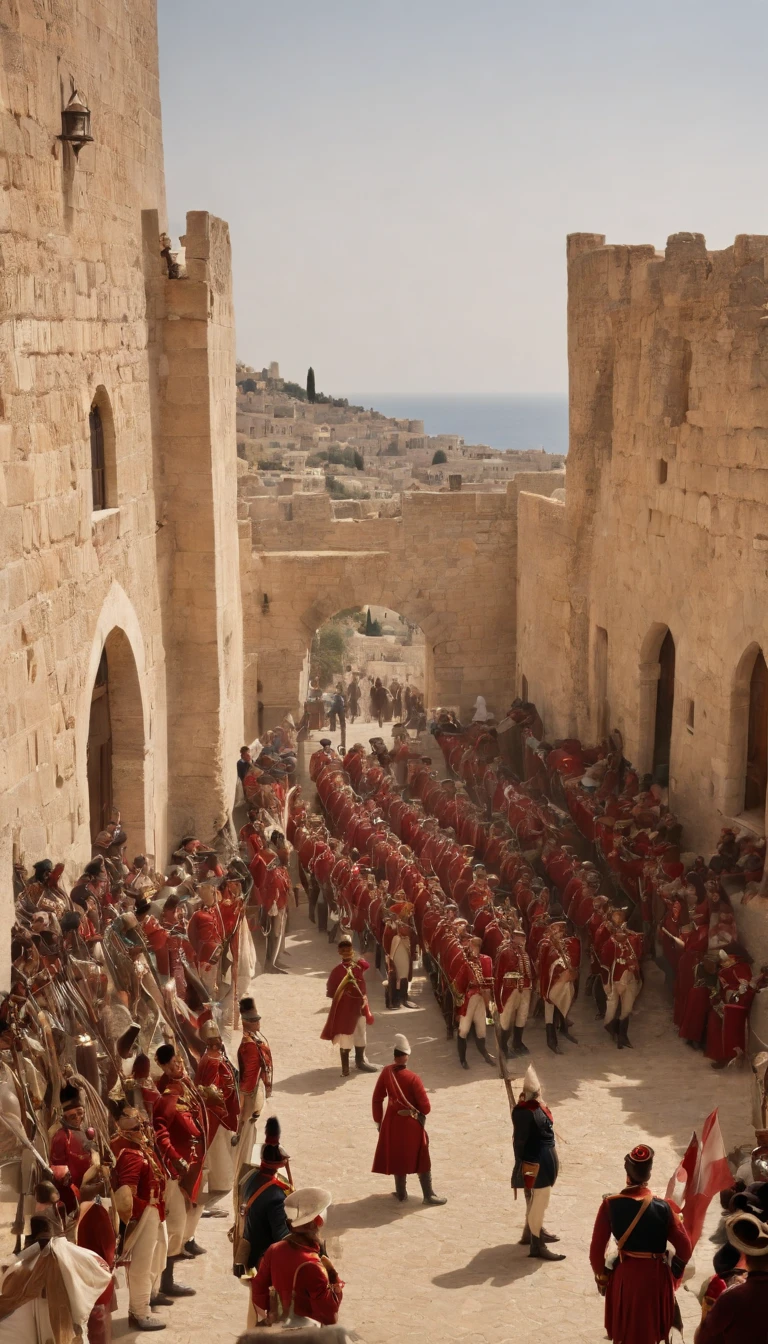 March 1799, Palestine: Under the command of General Napoleon Bonaparte, French troops take the city of Jaffa in a violent assault. ultra realistic 32k. image 5d view panoramic. cinematic.