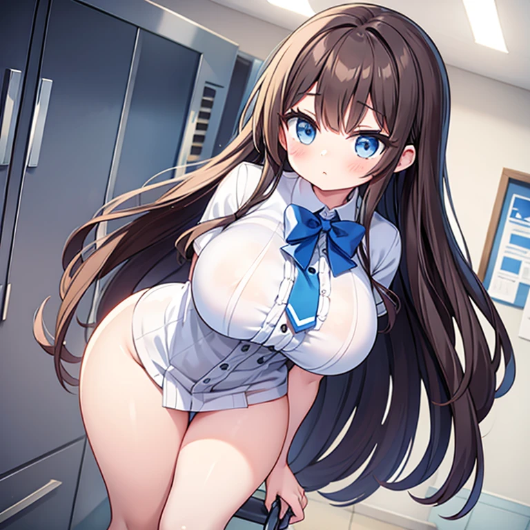 A Beautiful and Cute young Girl, with (Long Dark-Brown Hair), Big Beautiful Blue Eyes, (Extremely Huge Breasts), Incredibly Enormous Butt, ((Excessively Thick, Overwhelmingly Extremely Enormous Thighs)), and is about 4.9 feet Tall. Wearing a High-School uniform that her thighs have significantly outgrown, and is standing in the school hallway, embarrassed by her appearance, 