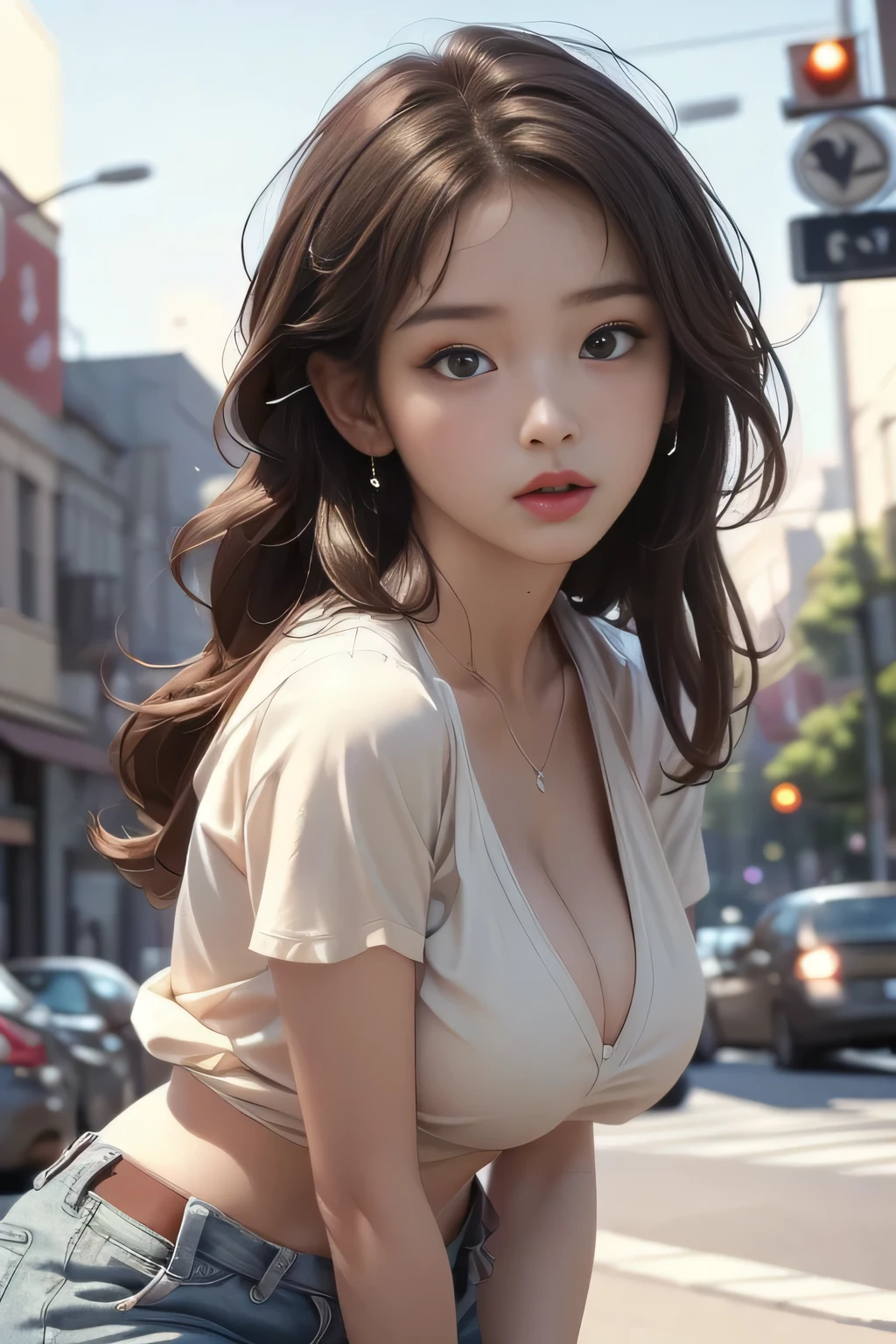 whole body,in the street,from below, very big breasts, round big tits、cleavage of breasts、beautiful eyelashes、beautiful double eyelidy legs are very thin、Semi-long hair styling with light dark brown hair、very slim physique、very small hips, thin waist、sweat, sexy hot pantini shirt、Beautiful poses、8 thousand, live shooting, (masterpiece: 1.4), (reality, realistic: 1.48), masterpiece、best quality、very detailed、detailed light、detailed shadows、raw、