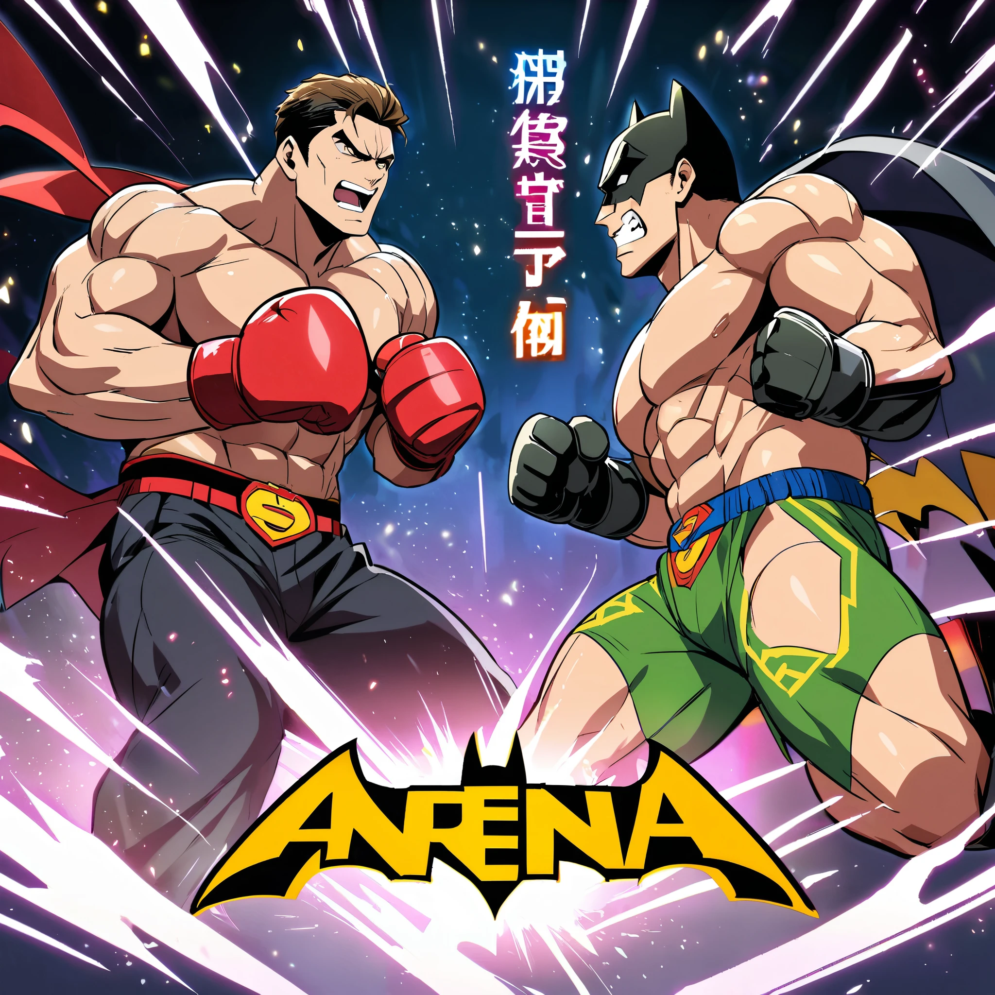 2 Men,(Batman vs Superman boxing match:1.5、Background Arena),Muscle man,whole body