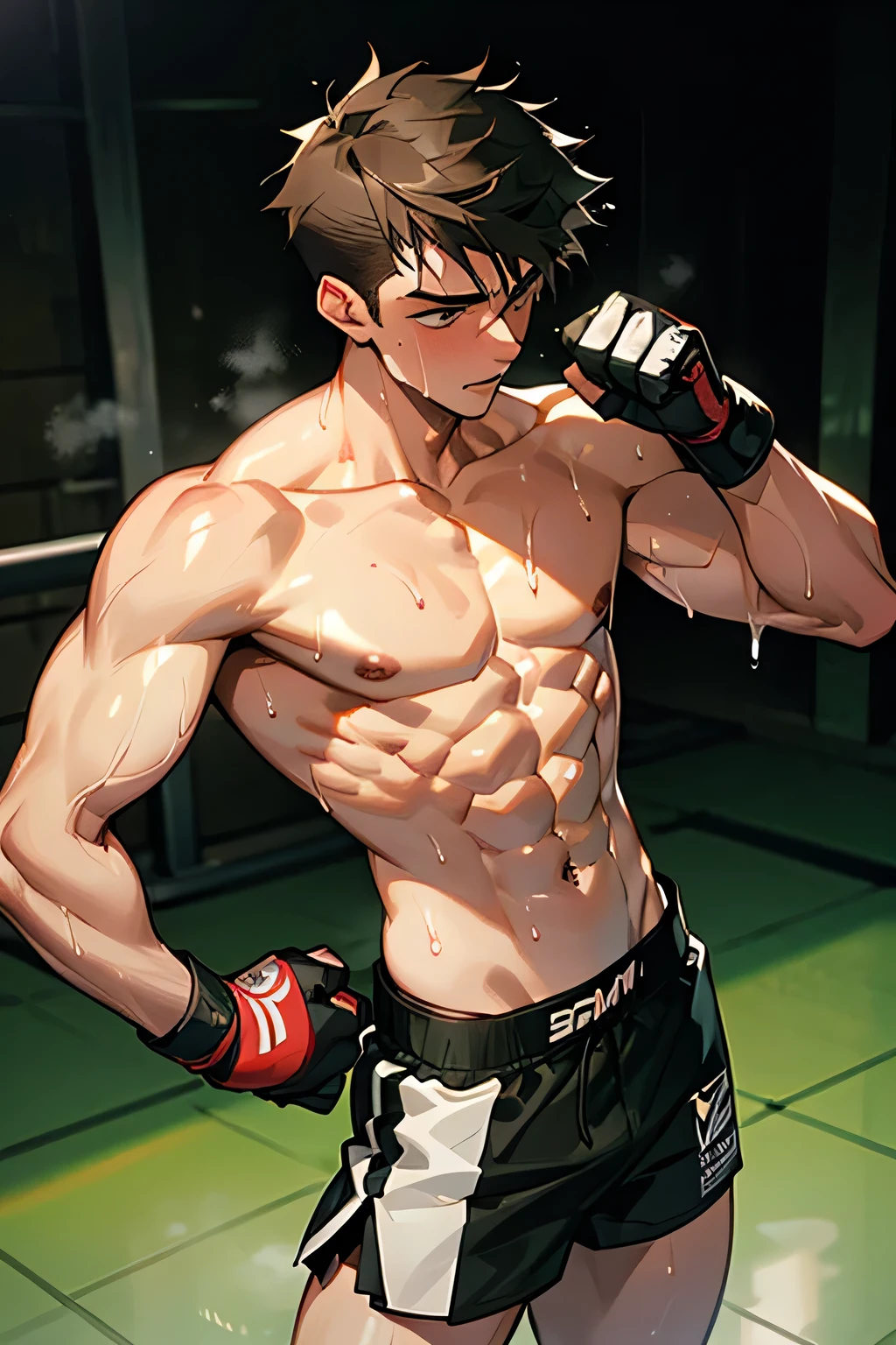 a shirtless exhausted 19-year old handsome caucasian male in faded haircut, mma gloves, fighting shorts, cute, handsome face, six-pack abs, beautiful body, well-defined body, sweating profusely, dripping sweat, drenched with sweat, panting, exhausted, determined, standing in the ring
