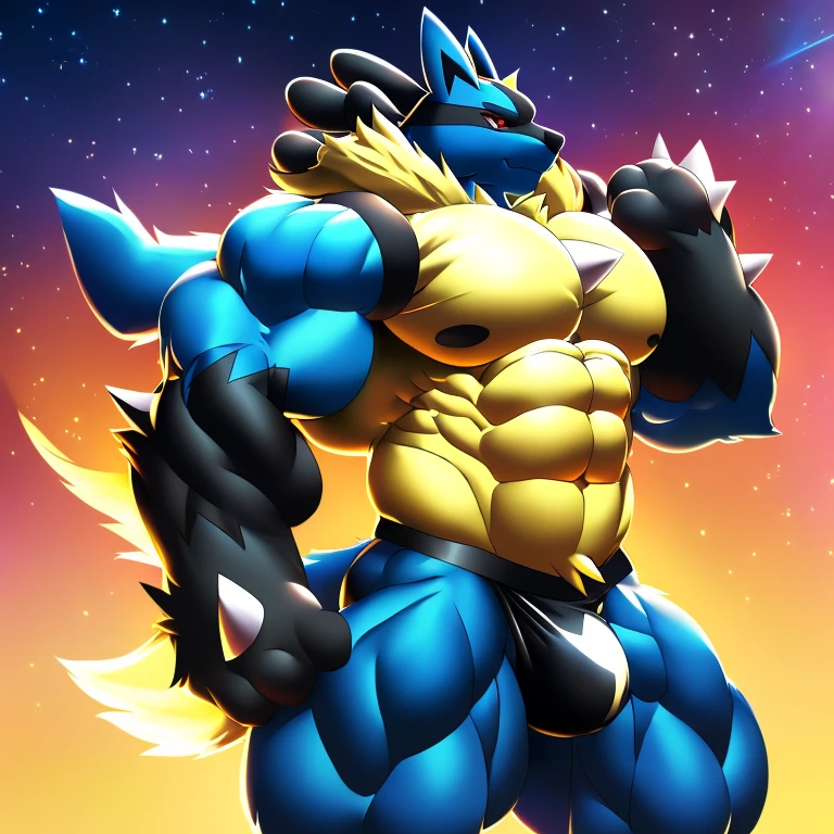 (masterpiece, best quality, detailed:1.2)
detailed full body, (masterpiece, best quality, detailed:1.2) (Pokémon) LUCARIO, detailed full body,
wears full body armor. huge pecs, chiseled abs, huge pectorals, exaggeratedly huge muscles. wearing a cloak. unusually developed muscular body big muscle, pecs, triceps, traps, waist narrow, unusually developed muscular body, He wears a black cloak on his back.
The cloak is so long that it touches the ground, bulge in the crotch wears a small black string thong that reveals huge muscular thighs. (metallic color: jet black thong)
