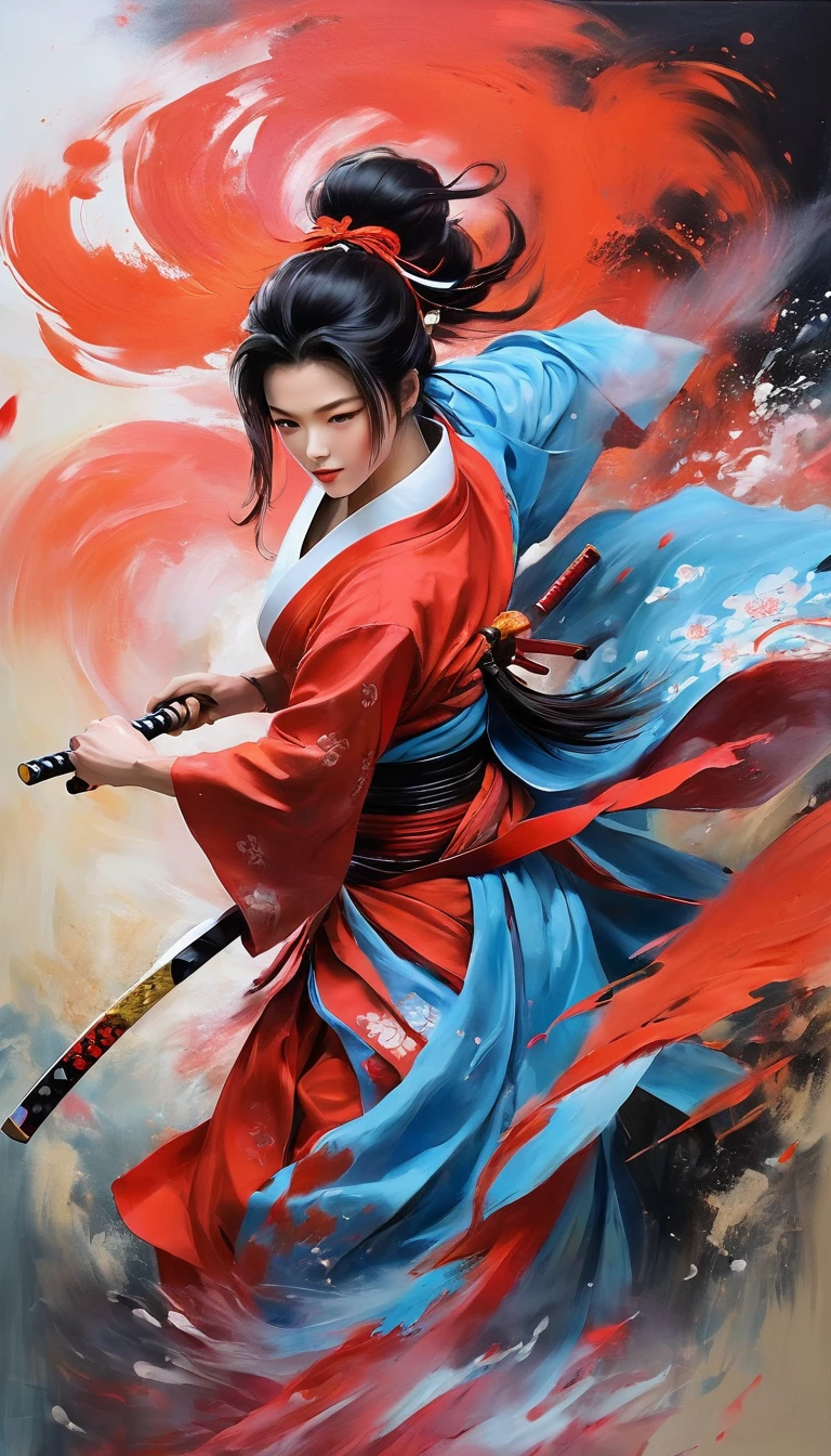 malcolm liepke painting on sensual illustration of an elegant samurai, riot games concept art beauty, eerie, the model draped in flowing, thick oil painting, extremely soft colors, vibrant, highly detailed, , oil on linen, high contrast, dramatic, refined, tonal, Simple painting style,sumi-e,Japanese style painting techniques,soio,anime concept art