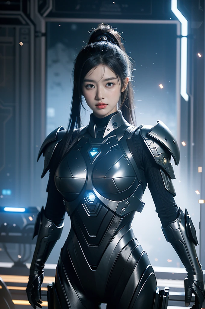 game art,best picture quality,Highest resolution,8k,((A half-length photo)),((portrait)),(rule of thirds),Unreal Engine 5 rendering works, (Future girl),(female warrior), 22-year-old young hacker),(ancient oriental hairstyle),(Beautiful eyes full of details),(big breasts),(eye shadow),Elegant and charming,indifferent,((frown)),(Combat suit full of futuristic technology,The costume combines futuristic power armor and,Clothing is decorated with glittering patterns and emblems),cyberpunk characters,in the style of futuristic, photo poses,city background,lamp,Ray tracing,Game CG,((3D Unreal Engine)),OC rendering reflection pattern