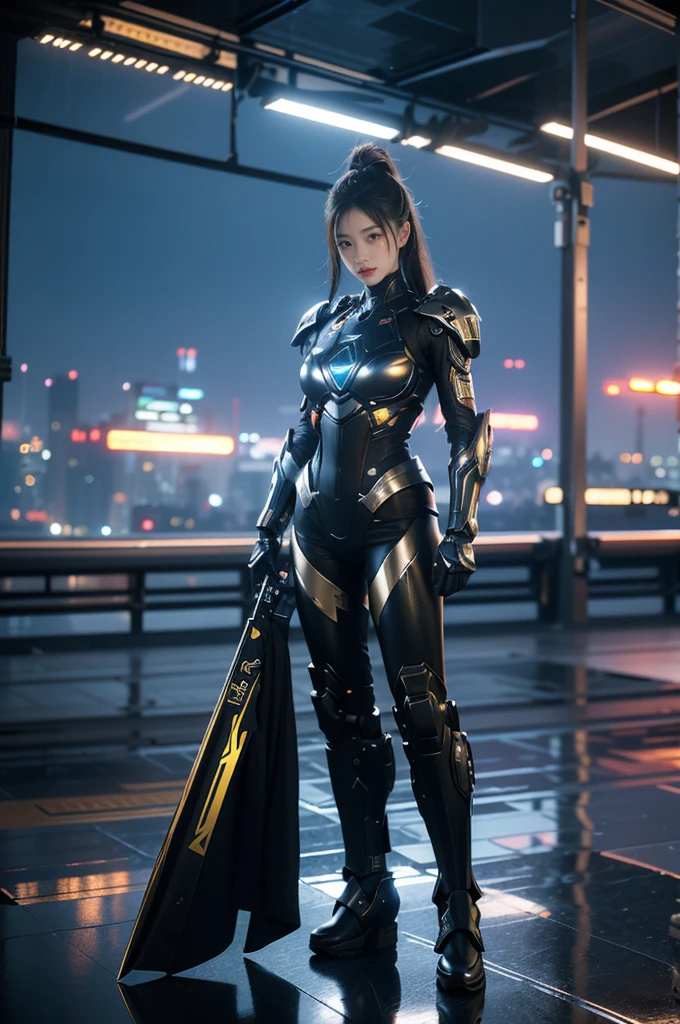 game art，best picture quality，Highest resolution，8k，((A half-length photo))，((portrait))，(rule of thirds)，Unreal Engine 5 rendering works， (Future girl)，(female warrior)， 22-year-old young hacker)，(ancient oriental hairstyle)，(Beautiful eyes full of details)，(big breasts)，(eye shadow)，Elegant and charming，indifferent，((frown))，(Combat suit full of futuristic technology，The costume combines futuristic power armor and，Clothing is decorated with glittering patterns and emblems)，cyberpunk characters，in the style of futuristic， photo poses，city background，lamp，Ray tracing，Game CG，((3D Unreal Engine))，OC rendering reflection pattern
