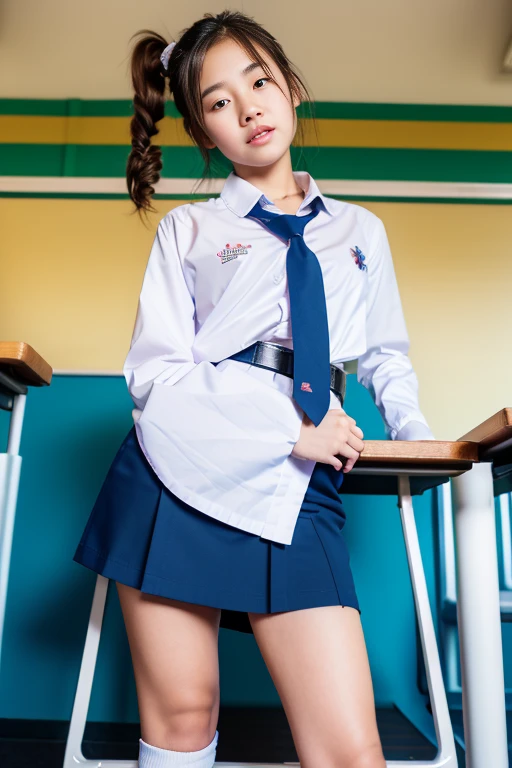 (realistic:1.2),from the front,(View from below:1.4),
18 yo,(shy)Thai, ponytail, plain white collar shirt, long-sleeved shirt,bark blue necktie, not wearing skirt,  black belt, white socks, black loafers,  Thighs look good, 
Standing position,  open leg, (thigh:1.4),(look away:1.4),(classroom background) ,
Mix 4,