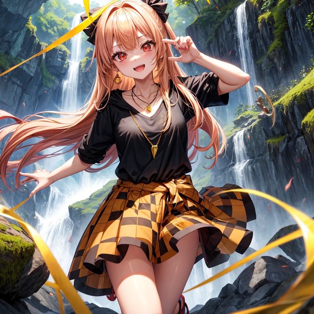 GoldPinkGolden Hair、Red eyes、One good looking girl、solo、anime、Checkered mini skirt、Black camisole、Black T-shirt、hoodie、Wearing a ribbon、Ribbon on waist、Crystal Earrings、Gemstone Necklace、Light and shadow、Tilting face、Teeth are visible、waterfall、Torrent、tunnel、pylon、Sunset sky、Towering、frilled lizard、light、flash、Barrel、Wife、loose、moss、isolated island、Hell's Gate、Blue flame