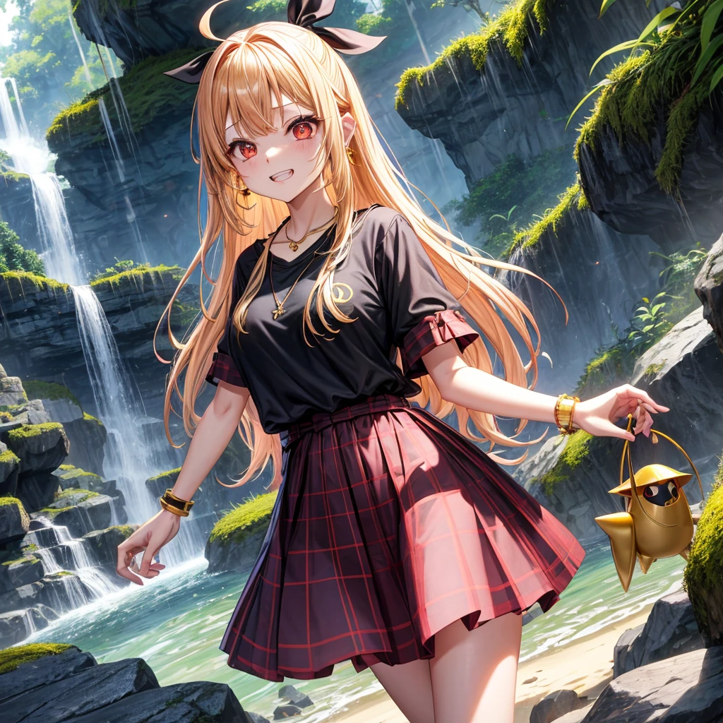GoldPinkGolden Hair、Red eyes、One good looking girl、solo、anime、Checkered mini skirt、Black camisole、Black T-shirt、hoodie、Wearing a ribbon、Ribbon on waist、Crystal Earrings、Gemstone Necklace、Light and shadow、Tilting face、Teeth are visible、waterfall、Torrent、tunnel、pylon、Sunset sky、Towering、frilled lizard、light、flash、Barrel、Wife、loose、moss、isolated island、Hell&#39;s Gate、Blue flame