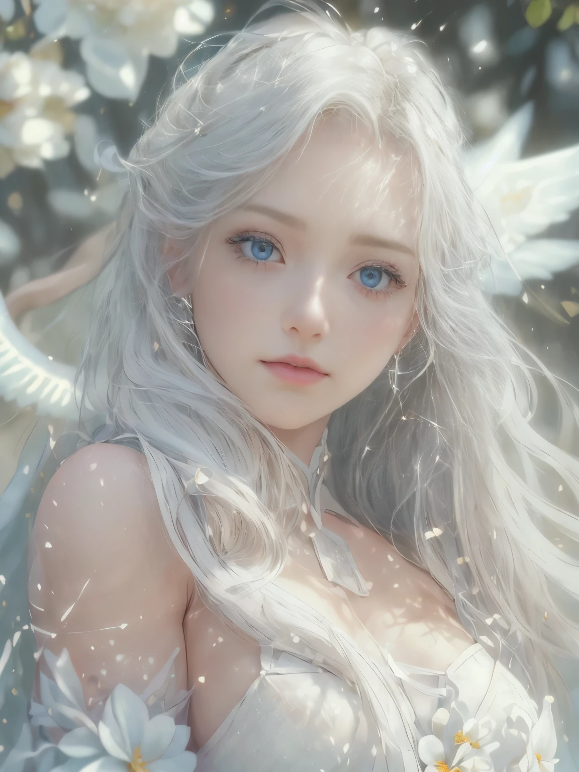 ((((masterpiece, Best Quality, High resolution)))), extremely detailed 8K, {(1 girl:1.6), sexy Beautiful girl with slim body, holly Angel (knight:1.8):1.6}, (Ultra HD, Ultra-detailed, Highly detailed, Highly realistic, Ultra-realistic, photos realistic), {deep depth of field, (god ray:1.2), (bounced front lighting:1.1), (soft diffused lighting:1.6) }, (1girl:1.5), white long hair, (dynamic sexy poses), (very delicate and natural hair:1.3), facing at camera, light smile, (big firm bouncing breasts: 1.6), (very delicate and natural face, very delicate and natural eyes:1.3),(very delicate and natural clothes:1.2),(crystal blue eyes:1.2),(shinning halo:1.4), (Angel's wing on her back:1.8), {white roses, (heaven's garden:1.2), (flower storm:1.3)}